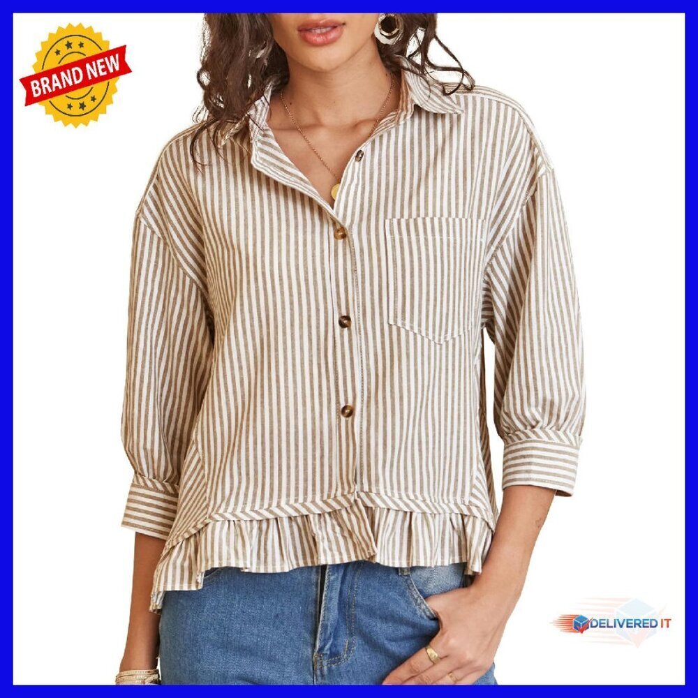 Women's Striped Button Down Shirt 3/4 Sleeve Ruffle Hem Oversized Top